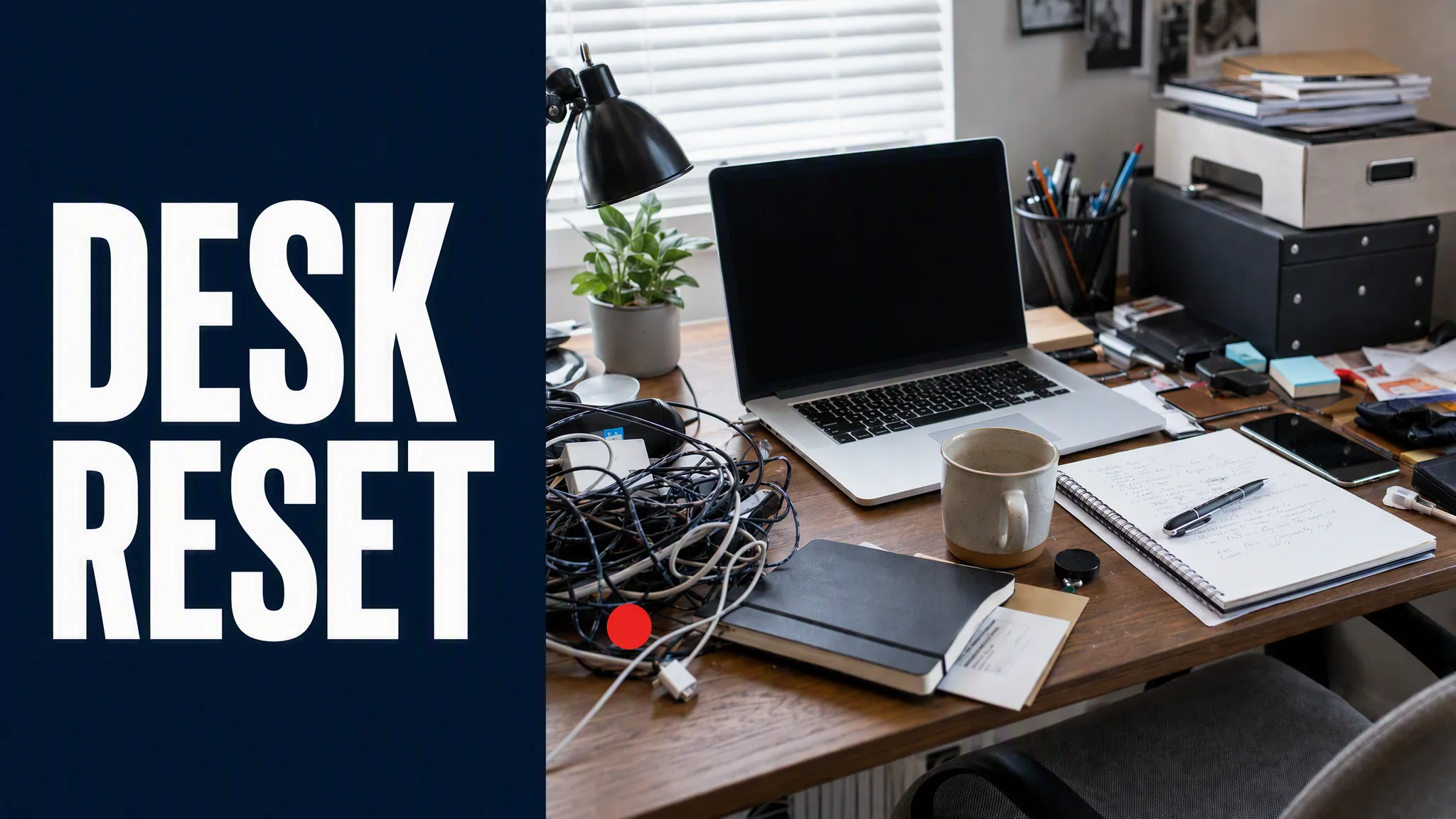 Fictional crowded desk reset thumbnail before revision