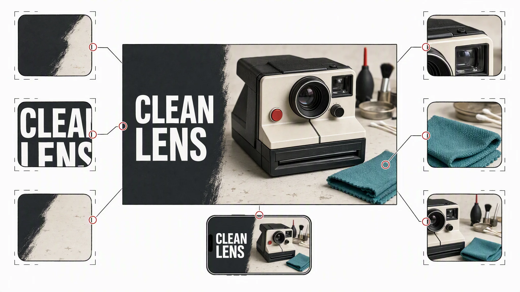 Fictional camera cleaning thumbnail with six visual inspection detail windows