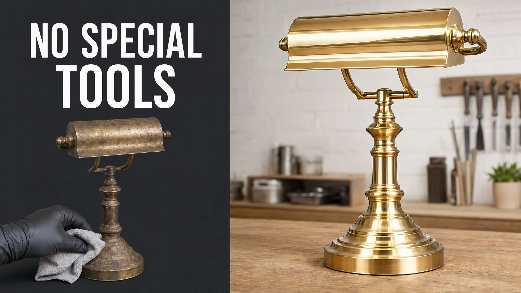 Fictional lamp restoration tutorial thumbnail with result, source object, and tool cue