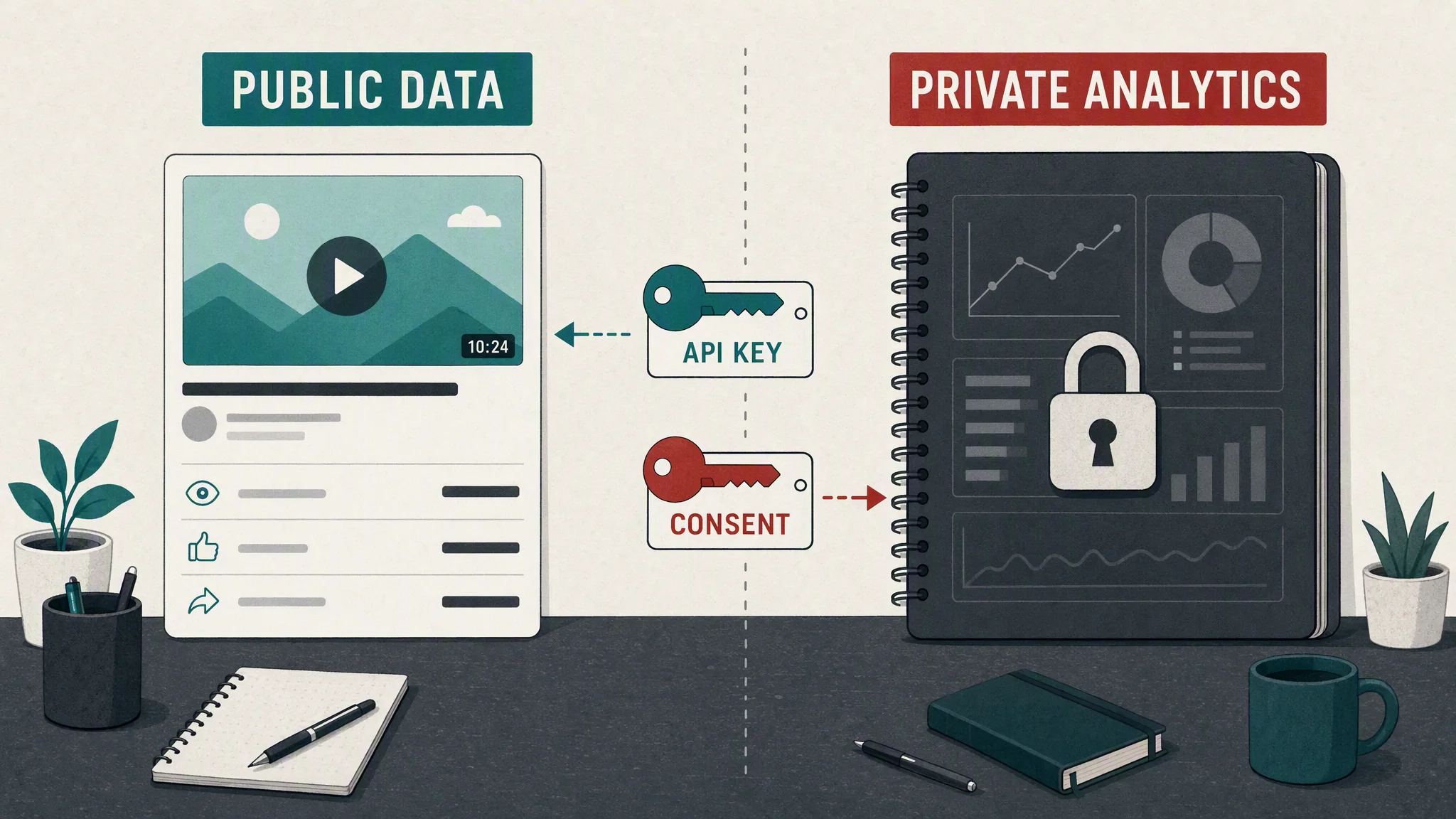Diagram separating public video data available to an API key from private analytics requiring consent